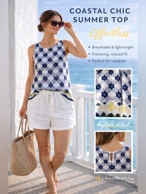 Sophie Max Sleeveless Tank Top XS Geometric Print Coastal Chic Summer Blouse